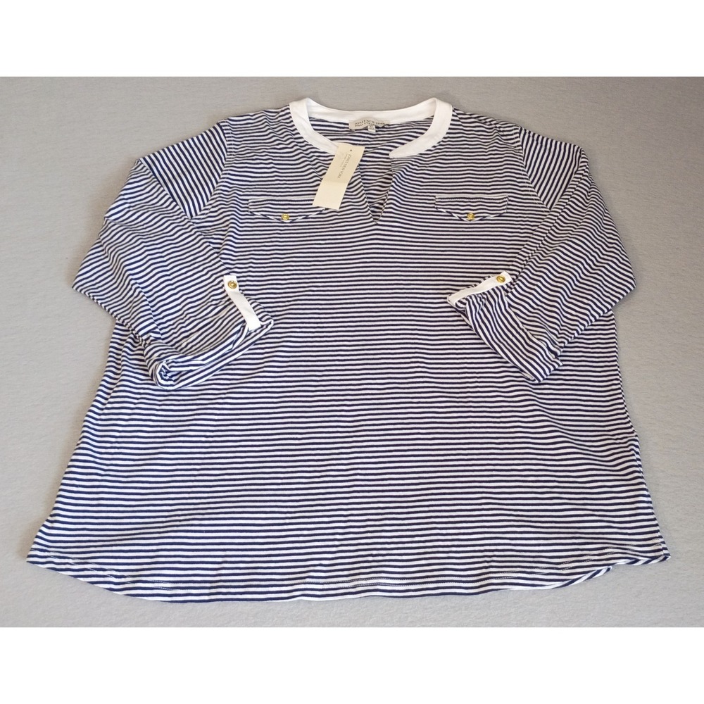 New Jones New York 3X Shirt Top Navy Blue White Stripe 3/4 Sleeve Nautical Beach